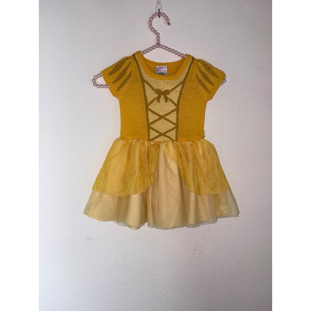 Disney Princess Belle Tutu Sweater Dress 2T Yellow Excellent Glitter Tulle